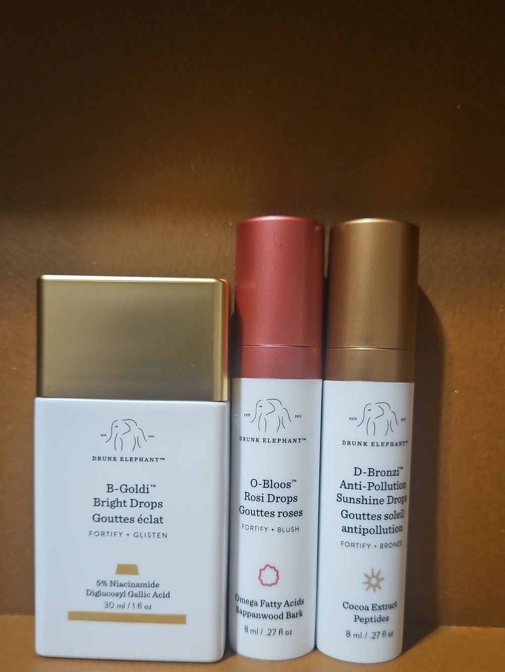 Drunk Elephant trio — White, Pink, Gold serum & oil set